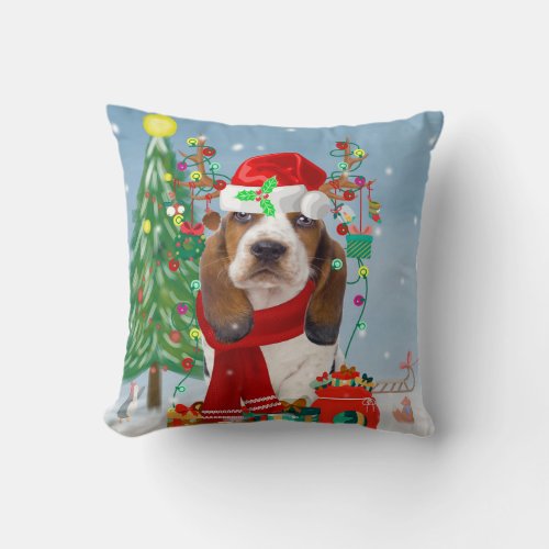Basset Hound Dog in Snow with Christmas Gifts  Throw Pillow