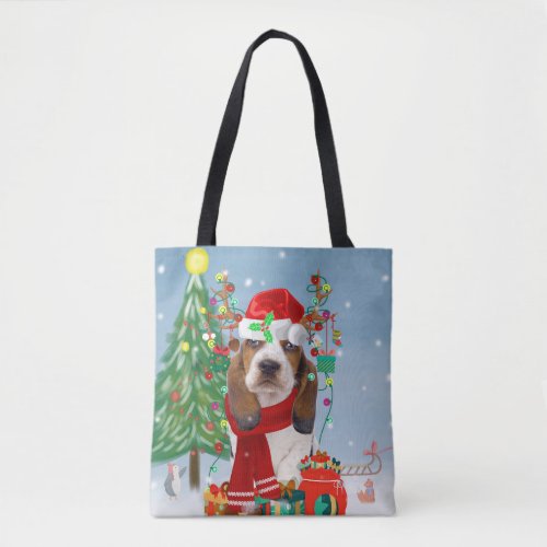 Basset Hound Dog in Snow with Christmas Gifts  Tote Bag