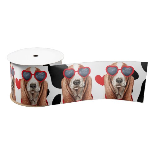 Basset Hound Dog Love with Paw Prints and Hearts Satin Ribbon