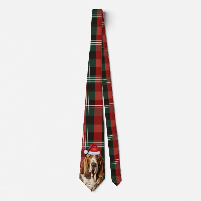 Basset Hound Dog Lover Red Green Plaid Christmas Neck Tie (Front)