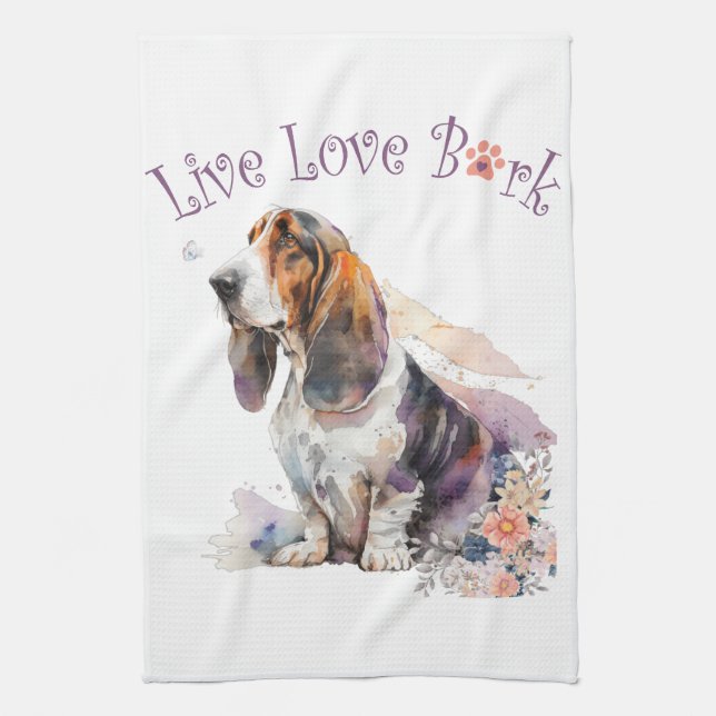 Basset Hound Dog Mom Floral Kitchen Towel (Vertical)