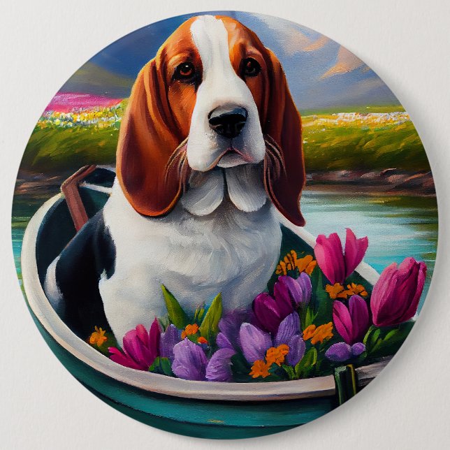Basset Hound Dog on a Paddle: A Scenic Adventure Button (Front)
