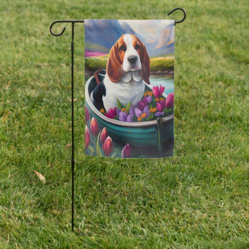 Basset Hound Dog on a Paddle A Scenic Adventure Garden Flag
