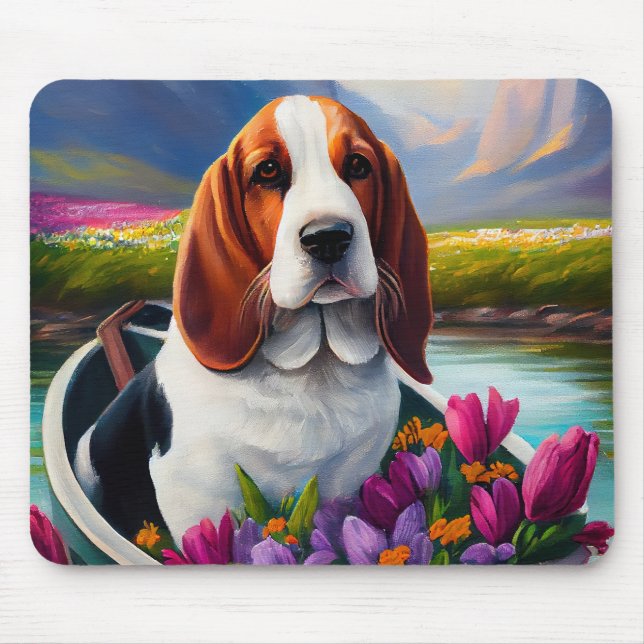 Basset Hound Dog on a Paddle: A Scenic Adventure Mouse Pad (Front)