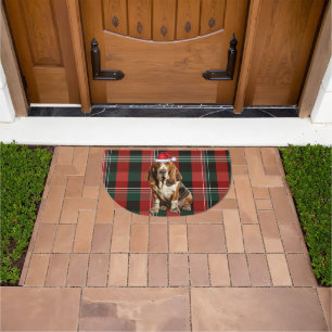 Basset Hound Dog Red Green Plaid Holiday Doormat