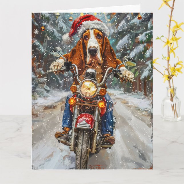 Basset Hound Dog Riding Motorcycle Christmas  Card (Yellow Flower)