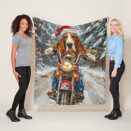 Basset Hound Dog Riding Motorcycle Christmas  Fleece Blanket