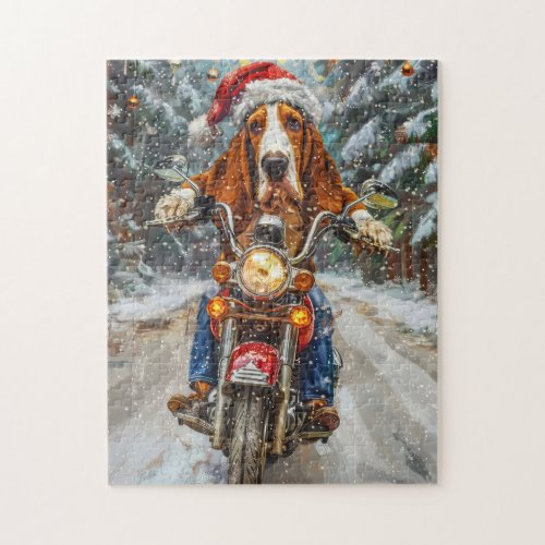 Basset Hound Dog Riding Motorcycle Christmas  Jigsaw Puzzle