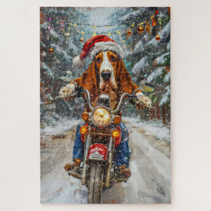 Basset Hound Dog Riding Motorcycle Christmas  Jigsaw Puzzle