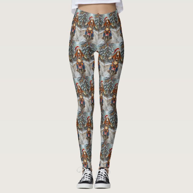 Basset Hound Dog Riding Motorcycle Christmas  Leggings (Front)