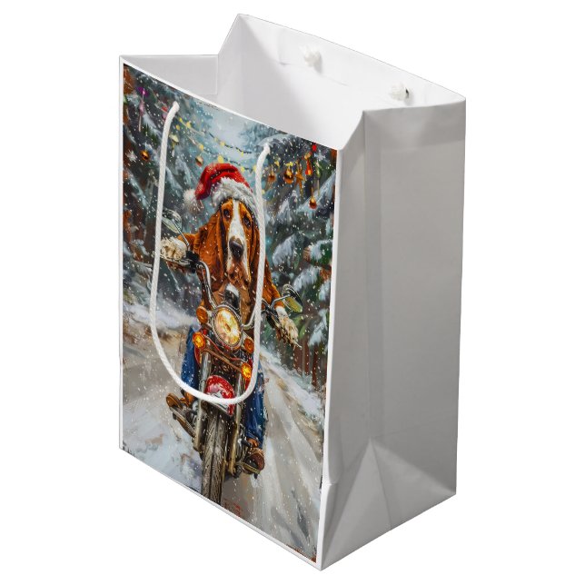 Basset Hound Dog Riding Motorcycle Christmas  Medium Gift Bag (Front Angled)