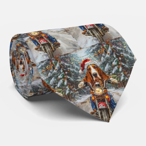 Basset Hound Dog Riding Motorcycle Christmas  Neck Tie