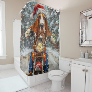 Basset Hound Dog Riding Motorcycle Christmas Shower Curtain