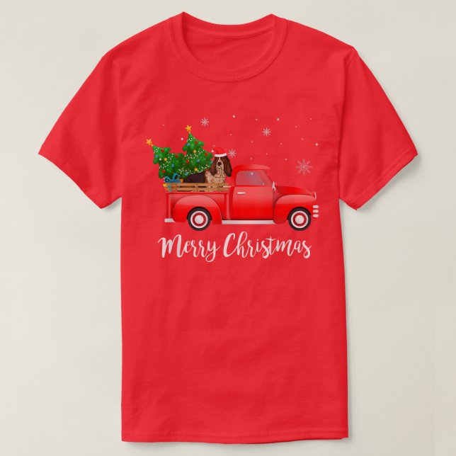 Basset Hound Dog Riding Red Truck Christmas  T-Shirt (Design Front)