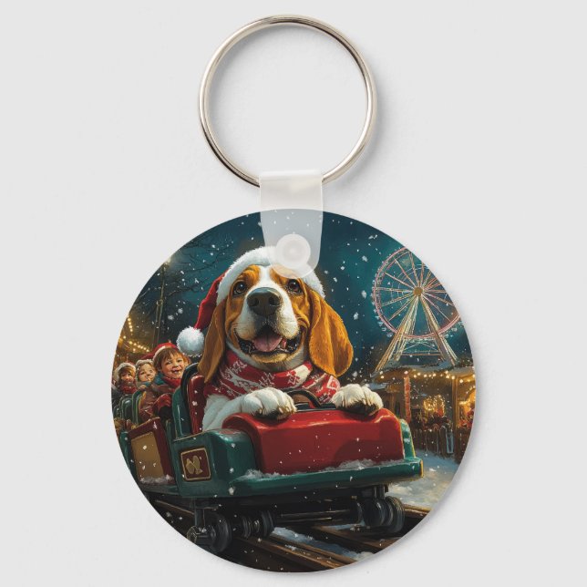Basset Hound Dog Roller Coaster Christmas Keychain (Front)