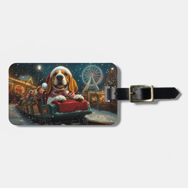Basset Hound Dog Roller Coaster Christmas Luggage Tag (Front Horizontal)