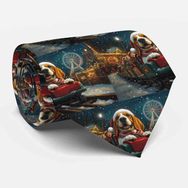 Basset Hound Dog Roller Coaster Christmas Neck Tie (Rolled)