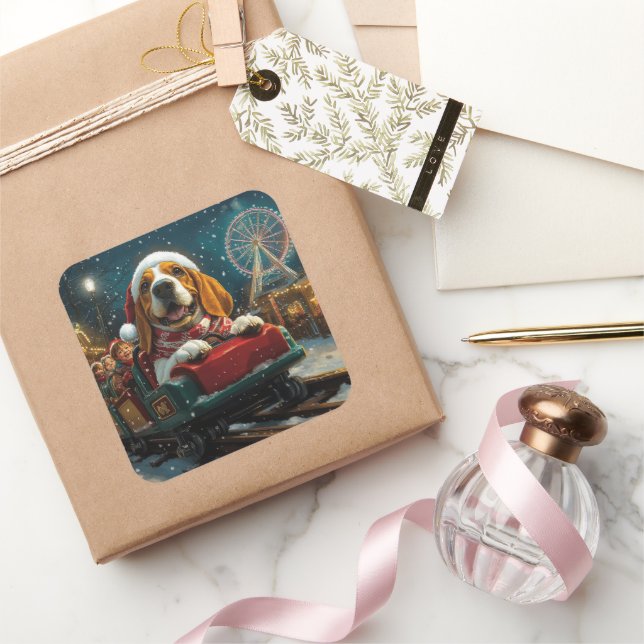 Basset Hound Dog Roller Coaster Christmas Square Sticker (Gifting)