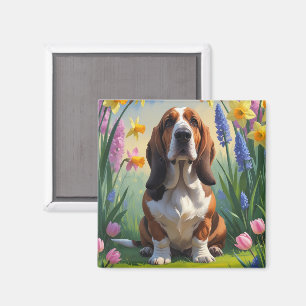 Basset Hound Dog Spring Flowers Painting  Magnet