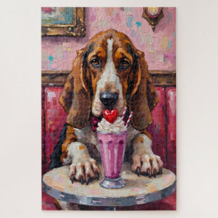 Basset Hound Dog Valentine's Day Heart Milkshake Jigsaw Puzzle