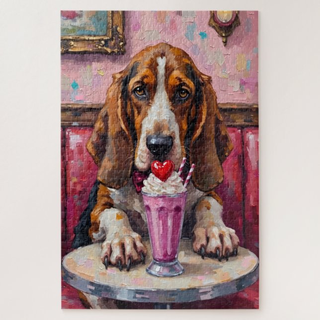 Basset Hound Dog Valentine's Day Heart Milkshake Jigsaw Puzzle (Vertical)