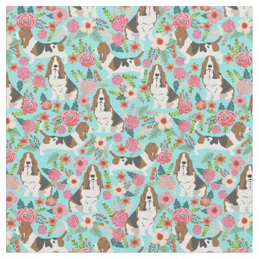 Basset Hound dog vintage florals mint Fabric