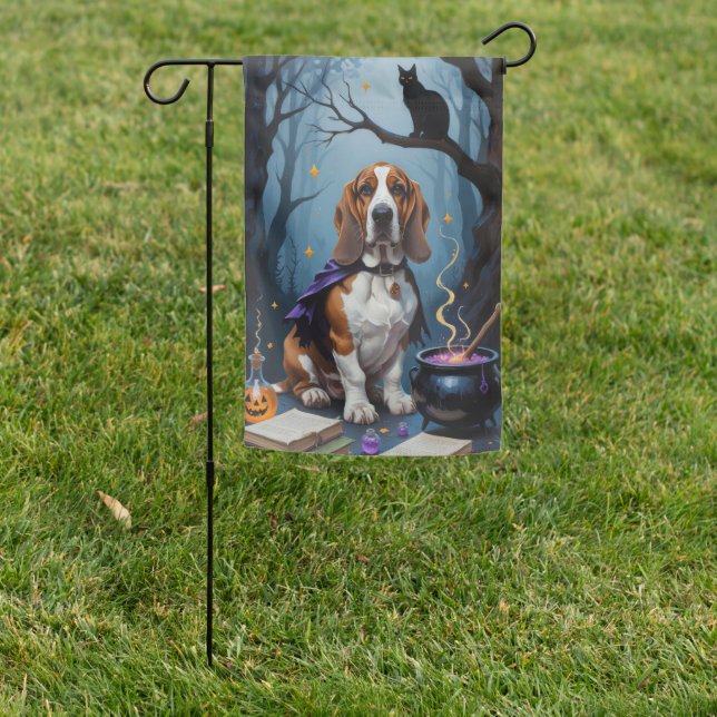 Basset Hound Dog Whimsical Halloween Painting Garden Flag (In SItu)