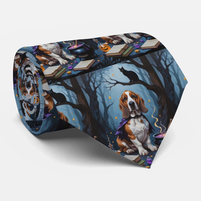 Basset Hound Dog Whimsical Halloween Painting Neck Tie (Rolled)