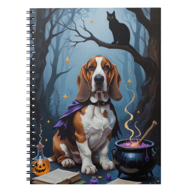 Basset Hound Dog Whimsical Halloween Painting Notebook (Front)