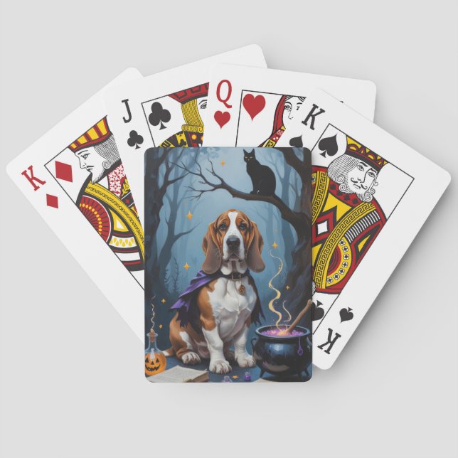 Basset Hound Dog Whimsical Halloween Painting Poker Cards (Back)