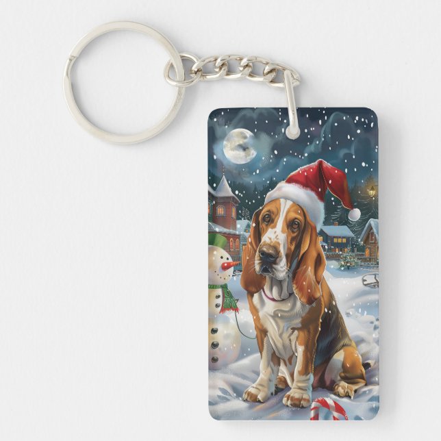 Basset Hound Dog Winter Wonderland Christmas Joy Keychain (Front)