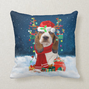 Basset Hound dog with Christmas gifts Throw Pillow