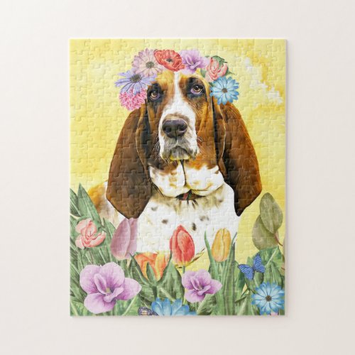 Basset Hound Dog with Flowers Spring Jigsaw Puzzle