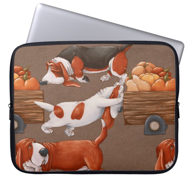 Basset Hound dogs are carrying a cart with pumpkin Laptop Sleeve (Front)