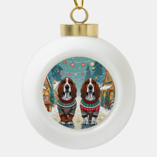 Basset Hound Dogs Christmas Snow Holiday Ceramic Ball Christmas Ornament