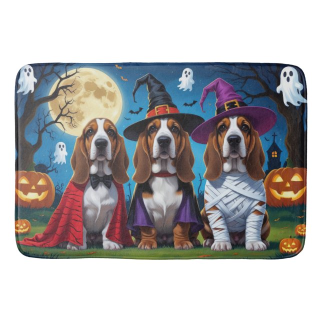 Basset Hound Dogs Pumpkin Halloween Funny Bath Mat (Front)