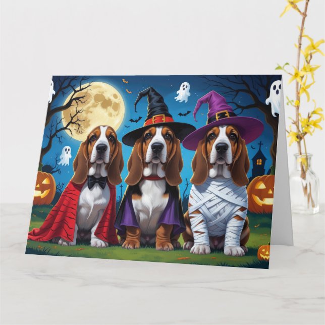 Basset Hound Dogs Pumpkin Halloween Funny Card (Yellow Flower)