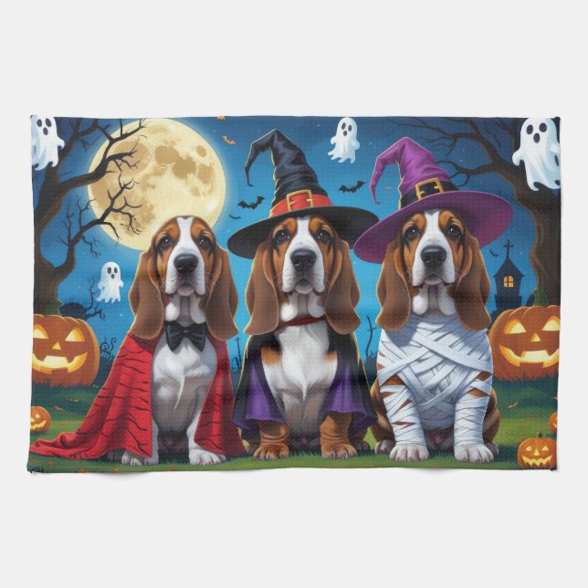 Basset Hound Dogs Pumpkin Halloween Funny Kitchen Towel (Horizontal)