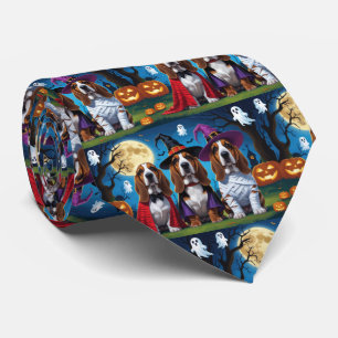 Basset Hound Dogs Pumpkin Halloween Funny Neck Tie