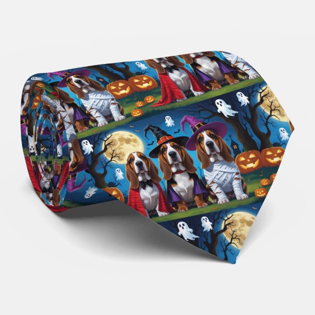 Basset Hound Dogs Pumpkin Halloween Funny Neck Tie (Rolled)