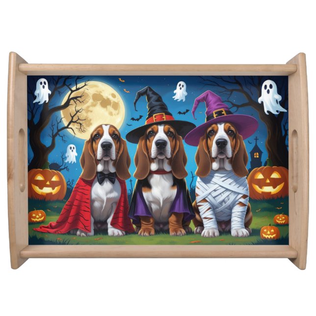 Basset Hound Dogs Pumpkin Halloween Funny Serving Tray (Front)