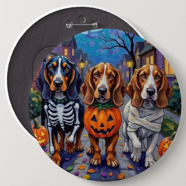 Basset Hound Dogs Trick-or-Treating in Halloween  Button (Front & Back)