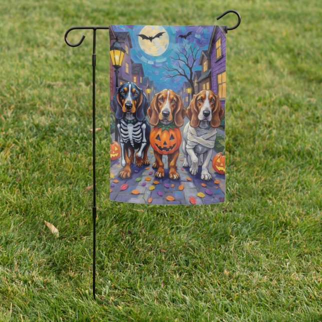 Basset Hound Dogs Trick-or-Treating in Halloween  Garden Flag (In SItu)