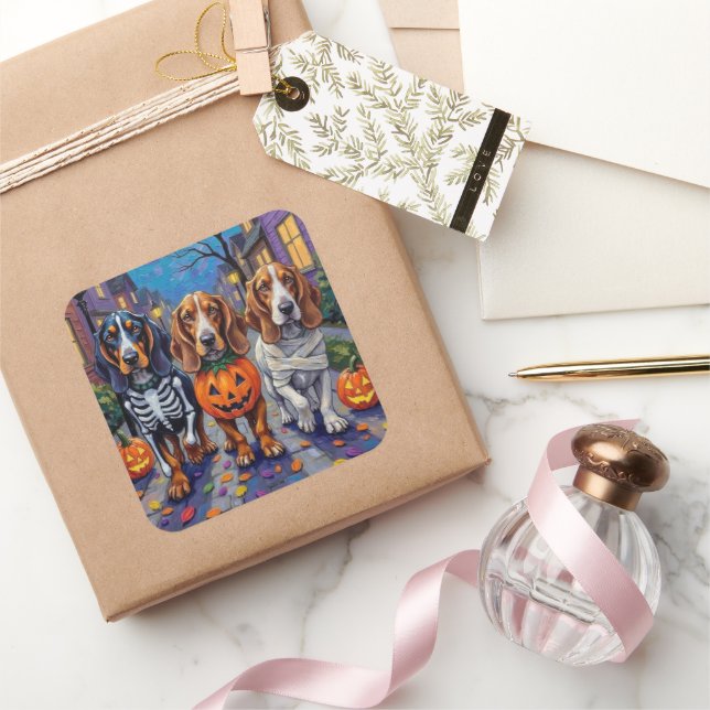 Basset Hound Dogs Trick-or-Treating in Halloween  Square Sticker (Gifting)