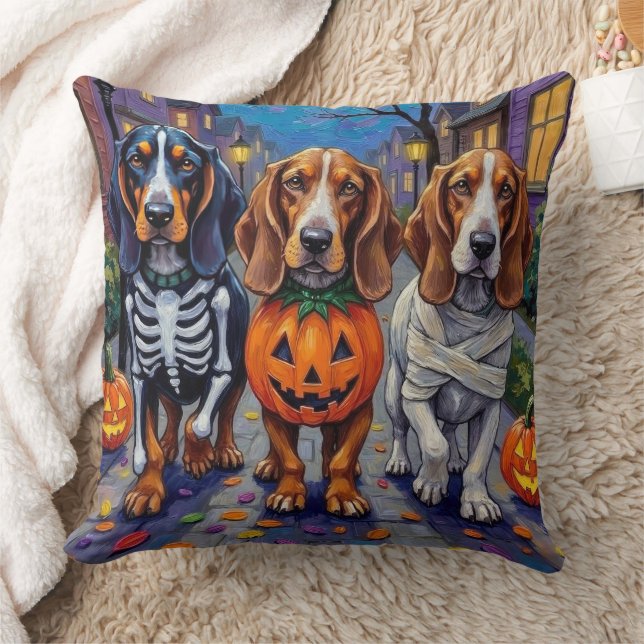 Basset Hound Dogs Trick-or-Treating in Halloween  Throw Pillow (Blanket)