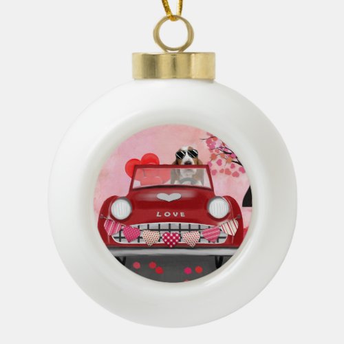 Basset Hound Driving Car with Hearts Valentines   Ceramic Ball Christmas Ornament