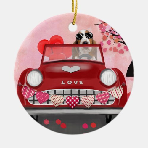 Basset Hound Driving Car with Hearts Valentines   Ceramic Ornament