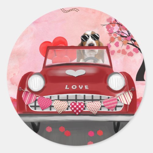 Basset Hound Driving Car with Hearts Valentines   Classic Round Sticker