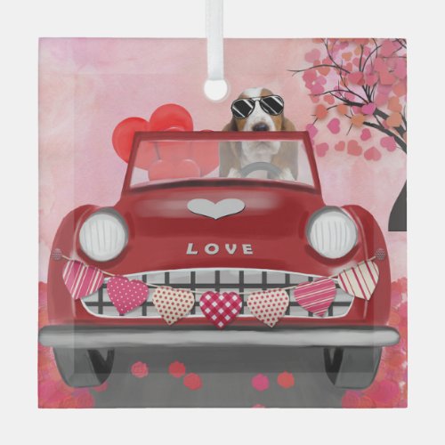 Basset Hound Driving Car with Hearts Valentines   Glass Ornament