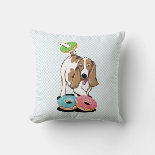 Basset hound eating donuts throw pillow